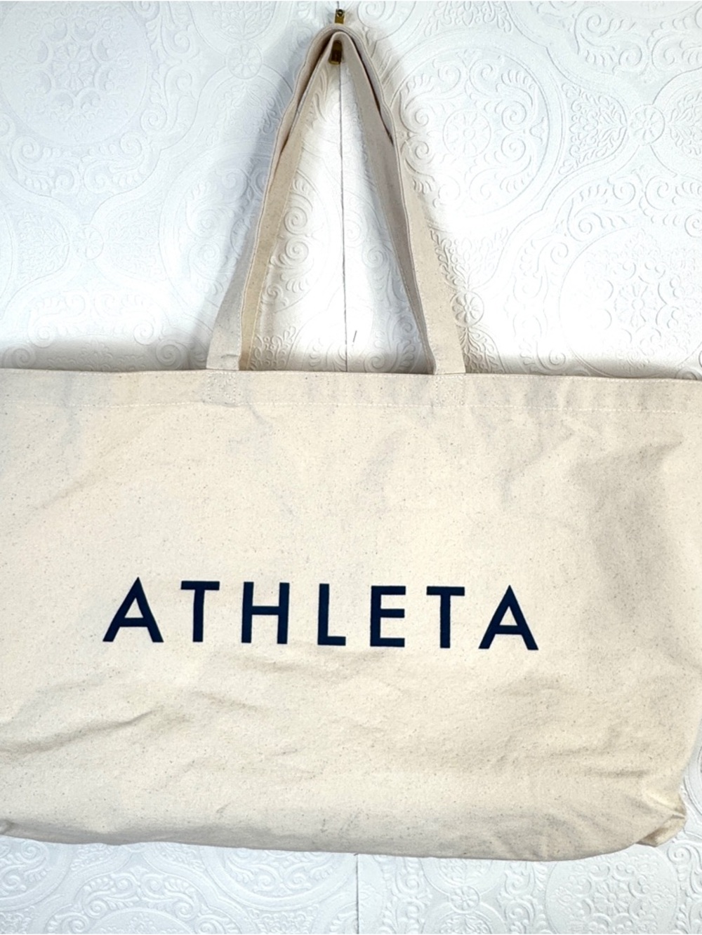 Athleta Large Cotton Canvas Shopping Gym Tote Bag Lightweight Cream Navy Letters